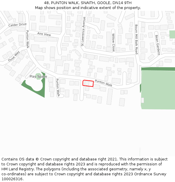 48, PUNTON WALK, SNAITH, GOOLE, DN14 9TH: Location map and indicative extent of plot