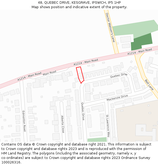 48, QUEBEC DRIVE, KESGRAVE, IPSWICH, IP5 1HP: Location map and indicative extent of plot