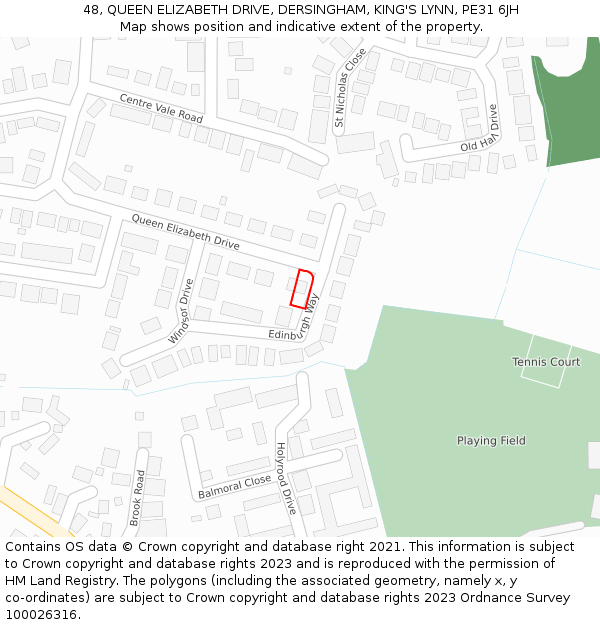 48, QUEEN ELIZABETH DRIVE, DERSINGHAM, KING'S LYNN, PE31 6JH: Location map and indicative extent of plot