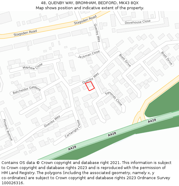 48, QUENBY WAY, BROMHAM, BEDFORD, MK43 8QX: Location map and indicative extent of plot