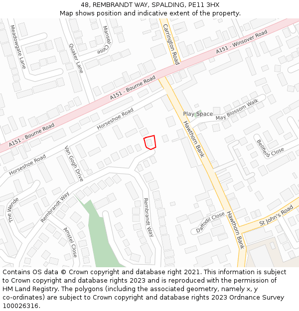 48, REMBRANDT WAY, SPALDING, PE11 3HX: Location map and indicative extent of plot