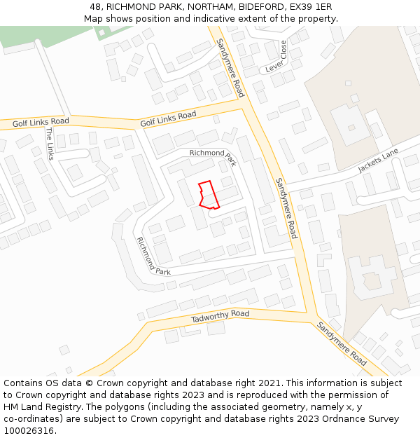 48, RICHMOND PARK, NORTHAM, BIDEFORD, EX39 1ER: Location map and indicative extent of plot