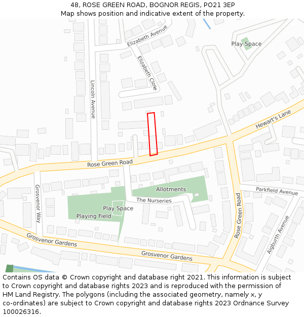 48, ROSE GREEN ROAD, BOGNOR REGIS, PO21 3EP: Location map and indicative extent of plot