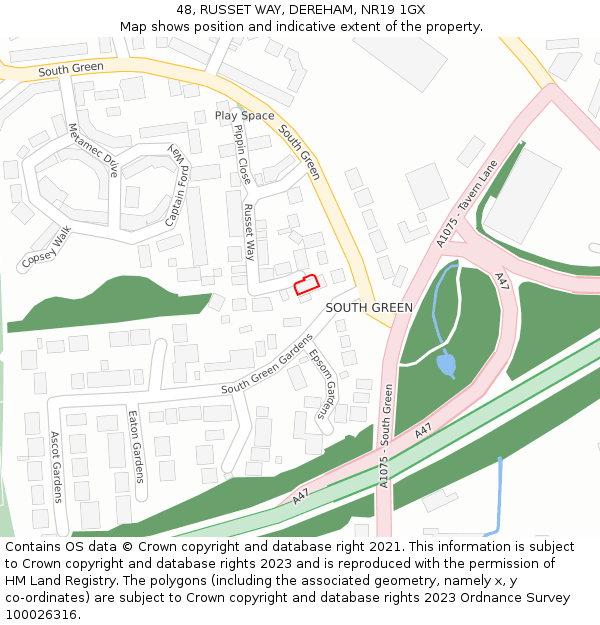 48, RUSSET WAY, DEREHAM, NR19 1GX: Location map and indicative extent of plot