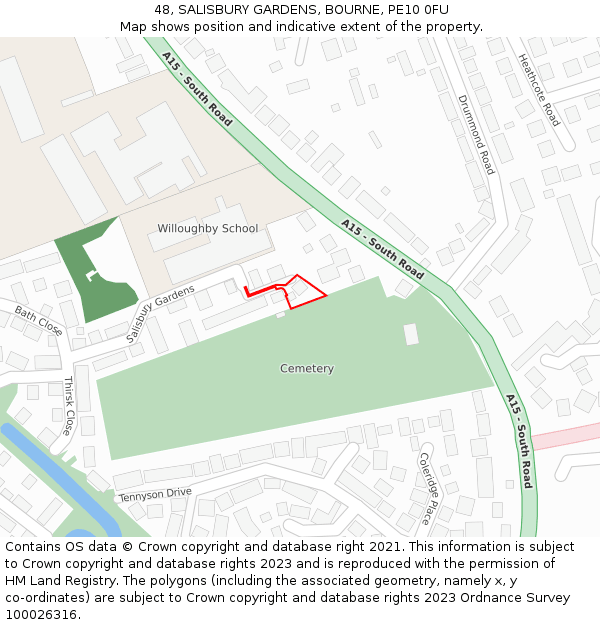 48, SALISBURY GARDENS, BOURNE, PE10 0FU: Location map and indicative extent of plot