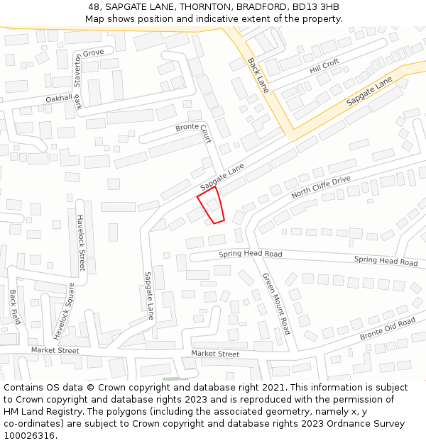 48, SAPGATE LANE, THORNTON, BRADFORD, BD13 3HB: Location map and indicative extent of plot