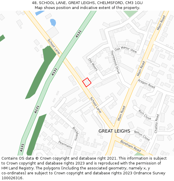 48, SCHOOL LANE, GREAT LEIGHS, CHELMSFORD, CM3 1GU: Location map and indicative extent of plot