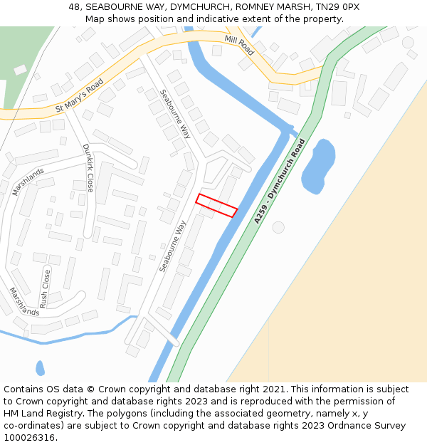 48, SEABOURNE WAY, DYMCHURCH, ROMNEY MARSH, TN29 0PX: Location map and indicative extent of plot