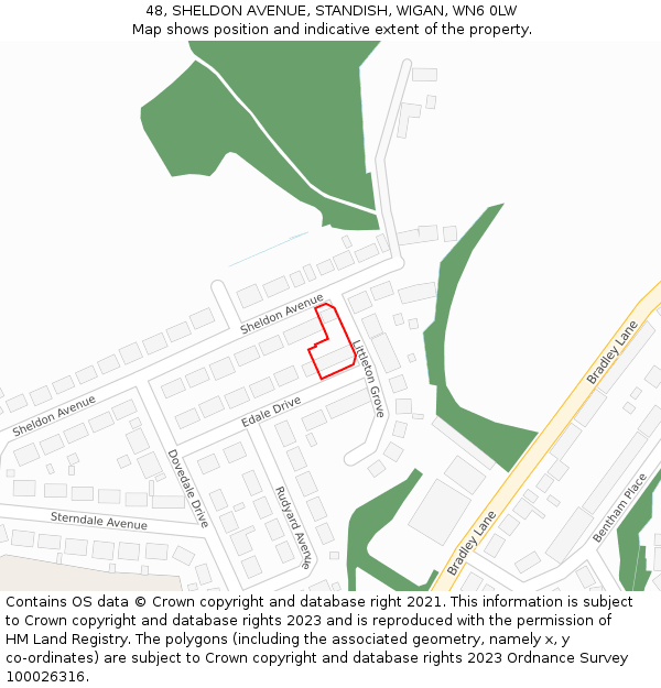 48, SHELDON AVENUE, STANDISH, WIGAN, WN6 0LW: Location map and indicative extent of plot