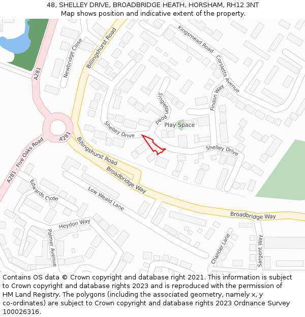 48, SHELLEY DRIVE, BROADBRIDGE HEATH, HORSHAM, RH12 3NT: Location map and indicative extent of plot