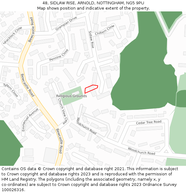 48, SIDLAW RISE, ARNOLD, NOTTINGHAM, NG5 9PU: Location map and indicative extent of plot