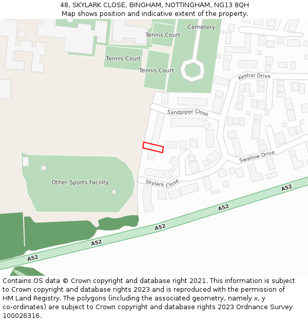 48, SKYLARK CLOSE, BINGHAM, NOTTINGHAM, NG13 8QH: Location map and indicative extent of plot