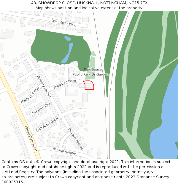 48, SNOWDROP CLOSE, HUCKNALL, NOTTINGHAM, NG15 7EX: Location map and indicative extent of plot