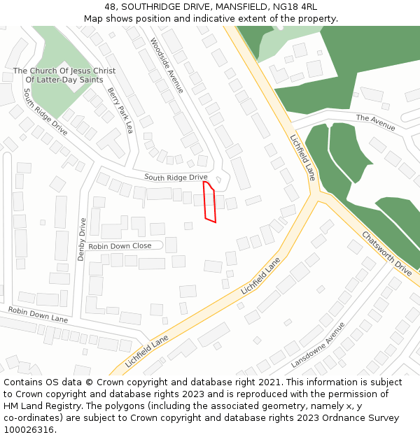 48, SOUTHRIDGE DRIVE, MANSFIELD, NG18 4RL: Location map and indicative extent of plot