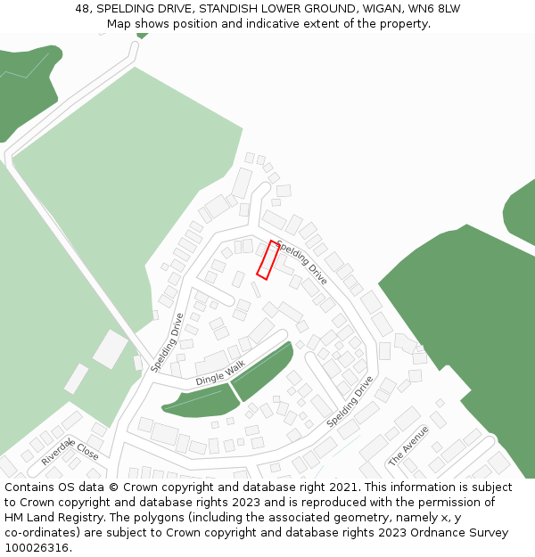 48, SPELDING DRIVE, STANDISH LOWER GROUND, WIGAN, WN6 8LW: Location map and indicative extent of plot