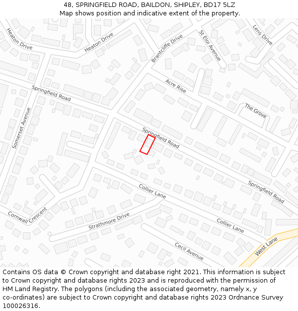 48, SPRINGFIELD ROAD, BAILDON, SHIPLEY, BD17 5LZ: Location map and indicative extent of plot