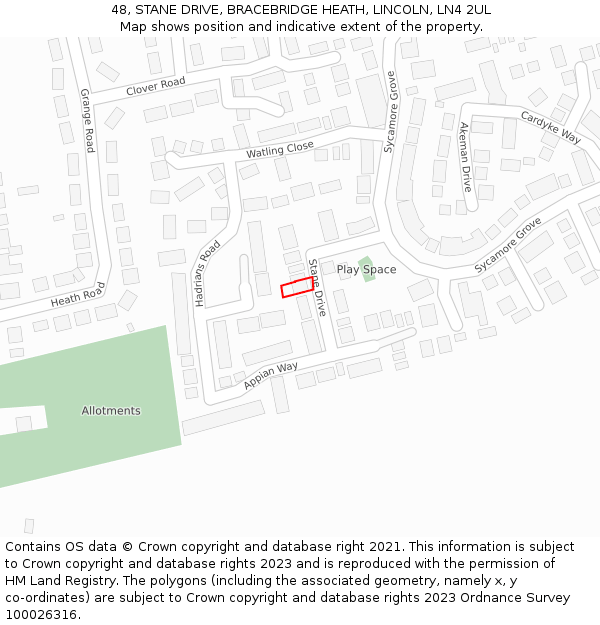 48, STANE DRIVE, BRACEBRIDGE HEATH, LINCOLN, LN4 2UL: Location map and indicative extent of plot