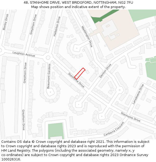 48, STANHOME DRIVE, WEST BRIDGFORD, NOTTINGHAM, NG2 7FU: Location map and indicative extent of plot