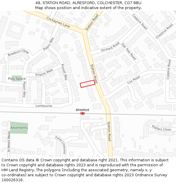 48, STATION ROAD, ALRESFORD, COLCHESTER, CO7 8BU: Location map and indicative extent of plot