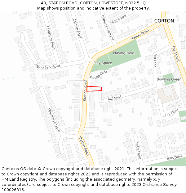 48, STATION ROAD, CORTON, LOWESTOFT, NR32 5HQ: Location map and indicative extent of plot