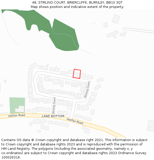 48, STIRLING COURT, BRIERCLIFFE, BURNLEY, BB10 3QT: Location map and indicative extent of plot