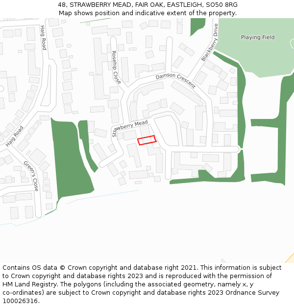 48, STRAWBERRY MEAD, FAIR OAK, EASTLEIGH, SO50 8RG: Location map and indicative extent of plot