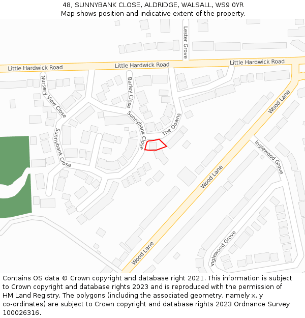 48, SUNNYBANK CLOSE, ALDRIDGE, WALSALL, WS9 0YR: Location map and indicative extent of plot