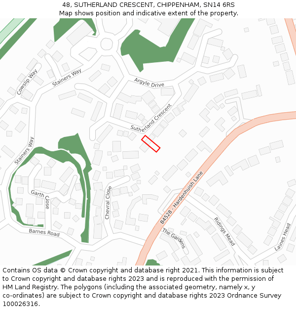 48, SUTHERLAND CRESCENT, CHIPPENHAM, SN14 6RS: Location map and indicative extent of plot