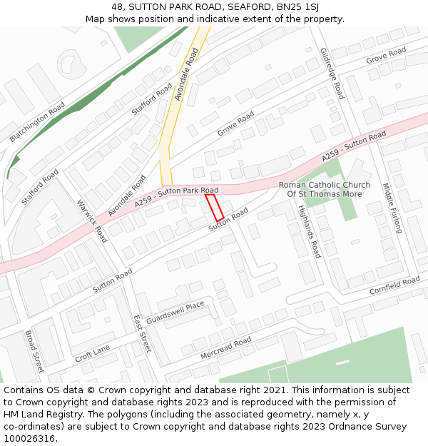 48, SUTTON PARK ROAD, SEAFORD, BN25 1SJ: Location map and indicative extent of plot