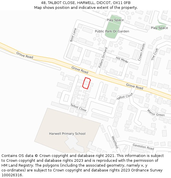 48, TALBOT CLOSE, HARWELL, DIDCOT, OX11 0FB: Location map and indicative extent of plot