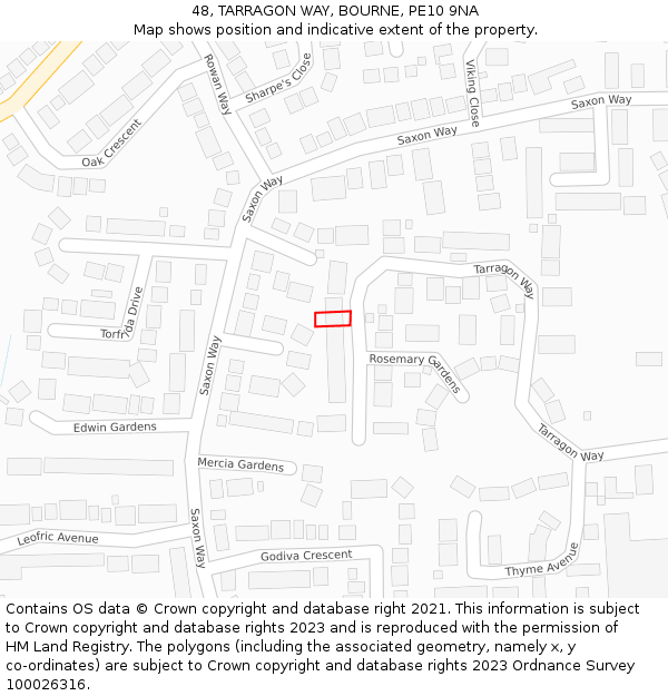 48, TARRAGON WAY, BOURNE, PE10 9NA: Location map and indicative extent of plot