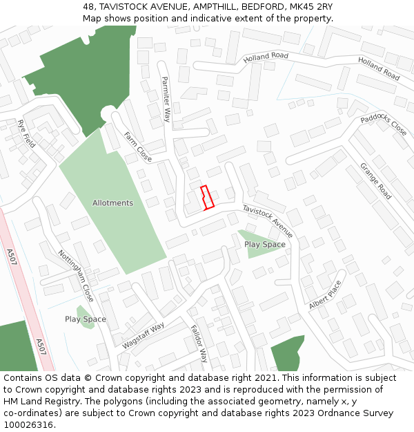 48, TAVISTOCK AVENUE, AMPTHILL, BEDFORD, MK45 2RY: Location map and indicative extent of plot