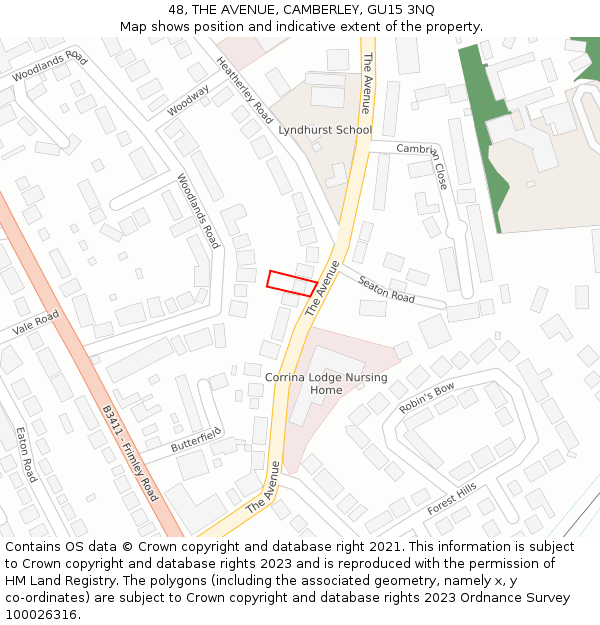 48, THE AVENUE, CAMBERLEY, GU15 3NQ: Location map and indicative extent of plot