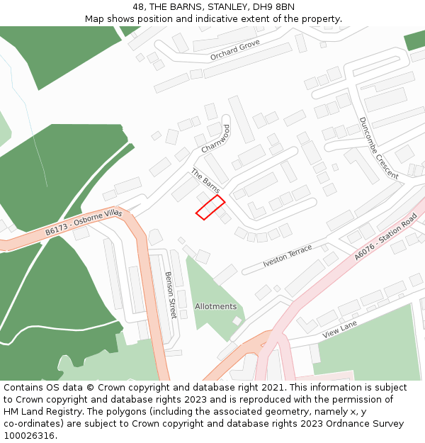 48, THE BARNS, STANLEY, DH9 8BN: Location map and indicative extent of plot