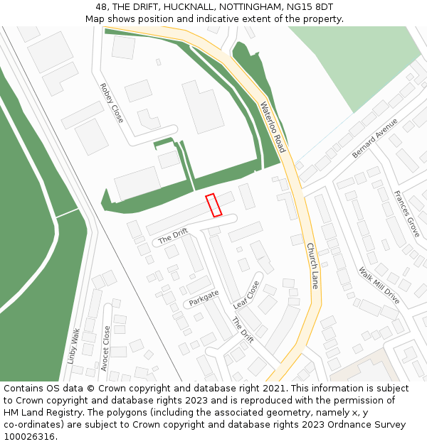 48, THE DRIFT, HUCKNALL, NOTTINGHAM, NG15 8DT: Location map and indicative extent of plot