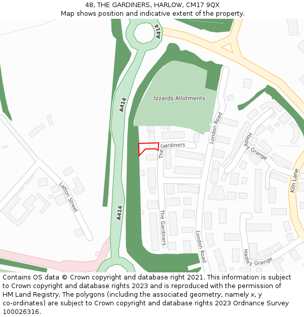 48, THE GARDINERS, HARLOW, CM17 9QX: Location map and indicative extent of plot