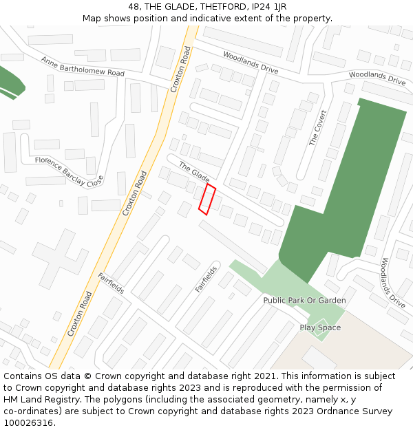 48, THE GLADE, THETFORD, IP24 1JR: Location map and indicative extent of plot