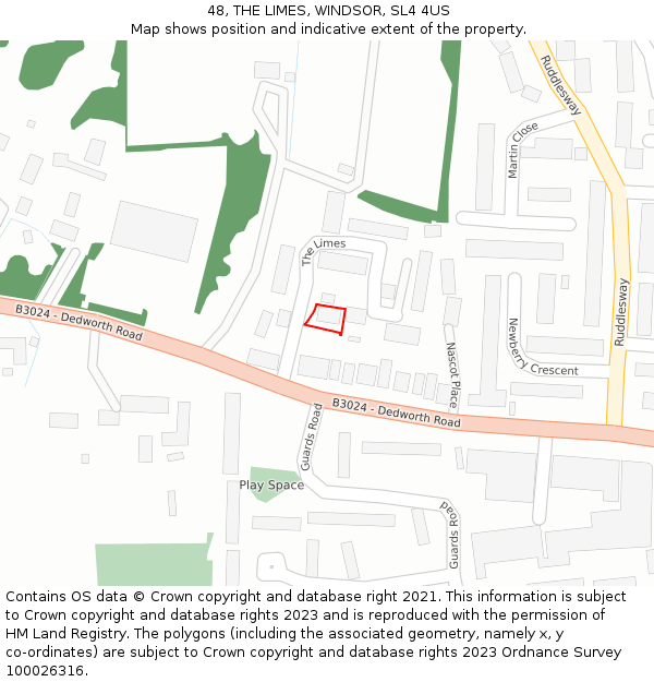 48, THE LIMES, WINDSOR, SL4 4US: Location map and indicative extent of plot