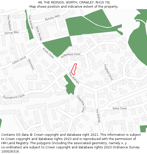 48, THE RIDINGS, WORTH, CRAWLEY, RH10 7XJ: Location map and indicative extent of plot