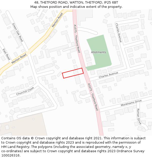 48, THETFORD ROAD, WATTON, THETFORD, IP25 6BT: Location map and indicative extent of plot