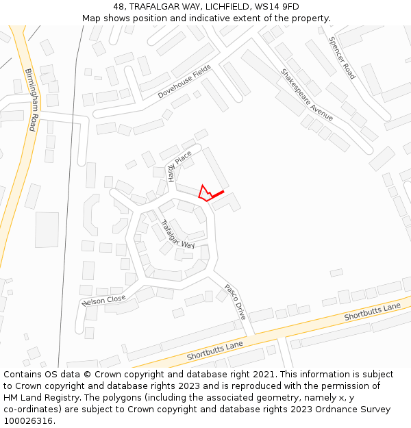 48, TRAFALGAR WAY, LICHFIELD, WS14 9FD: Location map and indicative extent of plot