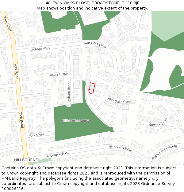 48, TWIN OAKS CLOSE, BROADSTONE, BH18 8JF: Location map and indicative extent of plot