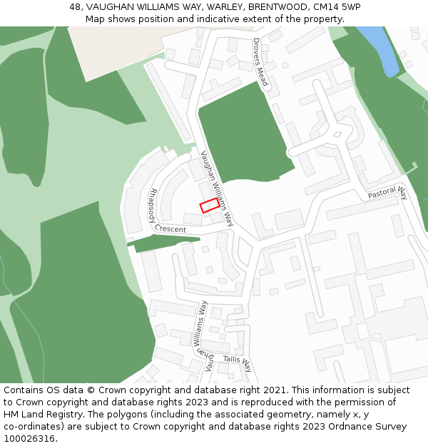 48, VAUGHAN WILLIAMS WAY, WARLEY, BRENTWOOD, CM14 5WP: Location map and indicative extent of plot