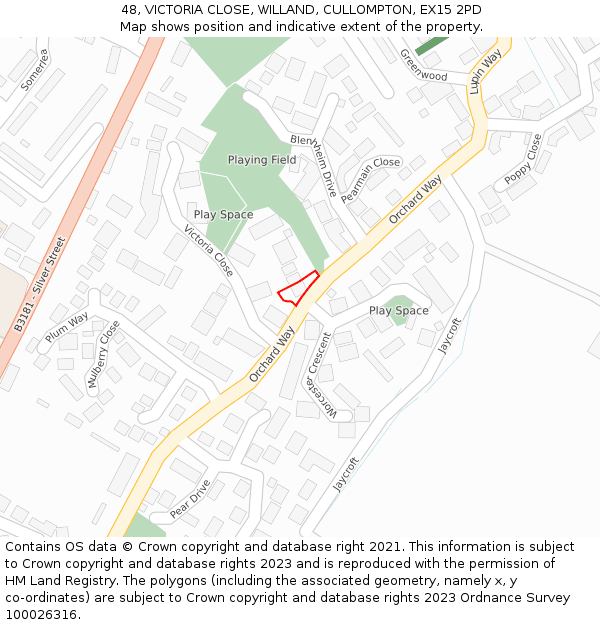 48, VICTORIA CLOSE, WILLAND, CULLOMPTON, EX15 2PD: Location map and indicative extent of plot