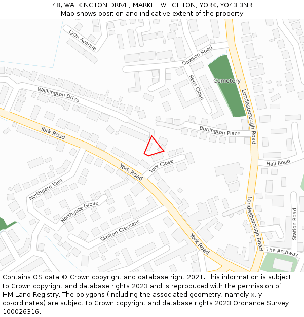 48, WALKINGTON DRIVE, MARKET WEIGHTON, YORK, YO43 3NR: Location map and indicative extent of plot