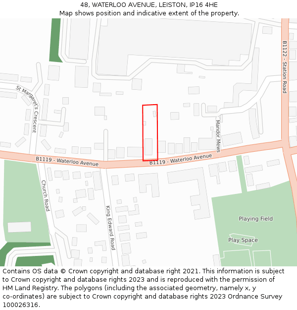 48, WATERLOO AVENUE, LEISTON, IP16 4HE: Location map and indicative extent of plot