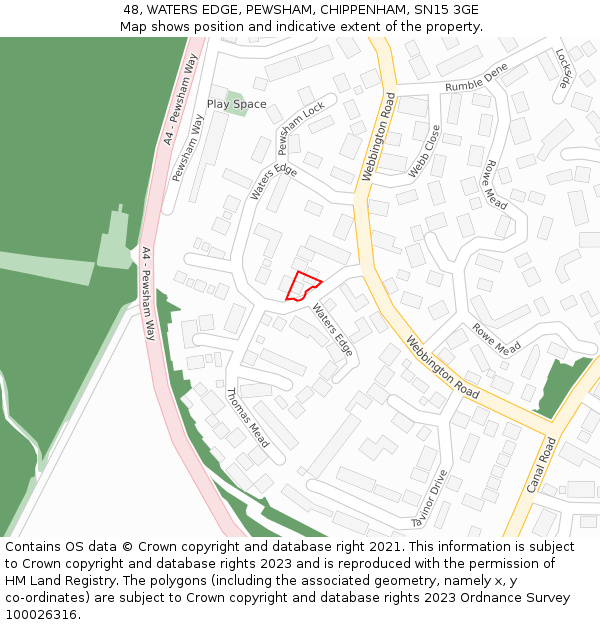 48, WATERS EDGE, PEWSHAM, CHIPPENHAM, SN15 3GE: Location map and indicative extent of plot