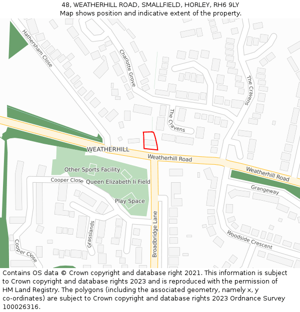 48, WEATHERHILL ROAD, SMALLFIELD, HORLEY, RH6 9LY: Location map and indicative extent of plot