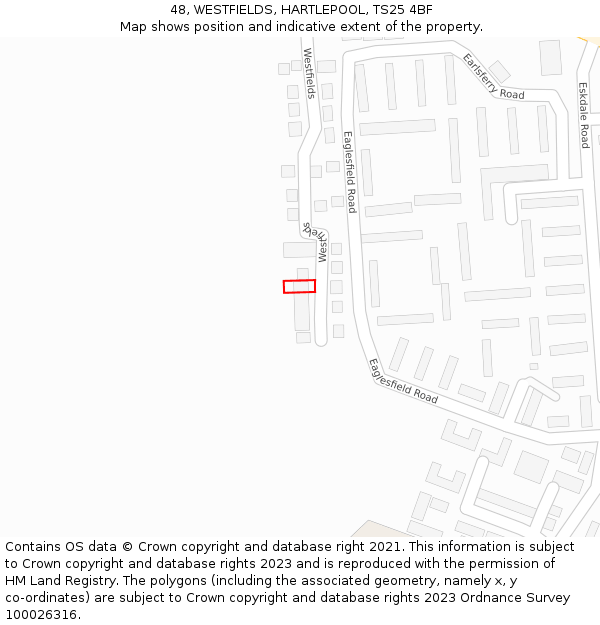 48, WESTFIELDS, HARTLEPOOL, TS25 4BF: Location map and indicative extent of plot