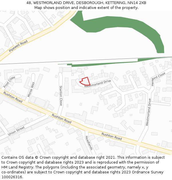 48, WESTMORLAND DRIVE, DESBOROUGH, KETTERING, NN14 2XB: Location map and indicative extent of plot